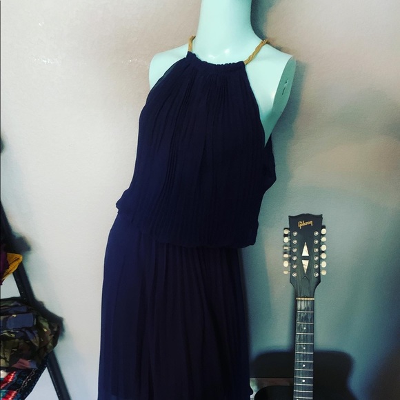 ⭐️ Conqueta International Ornate Neck Chiffon dress NAVY GOLD NECKLACE - Picture 1 of 8